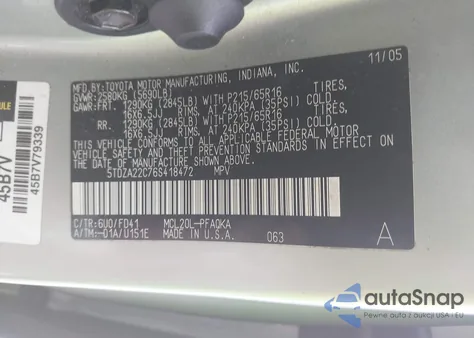 2006 Toyota Sienna Xle z USA, uszkodzony, nr VIN 5TDZA22C76S418472